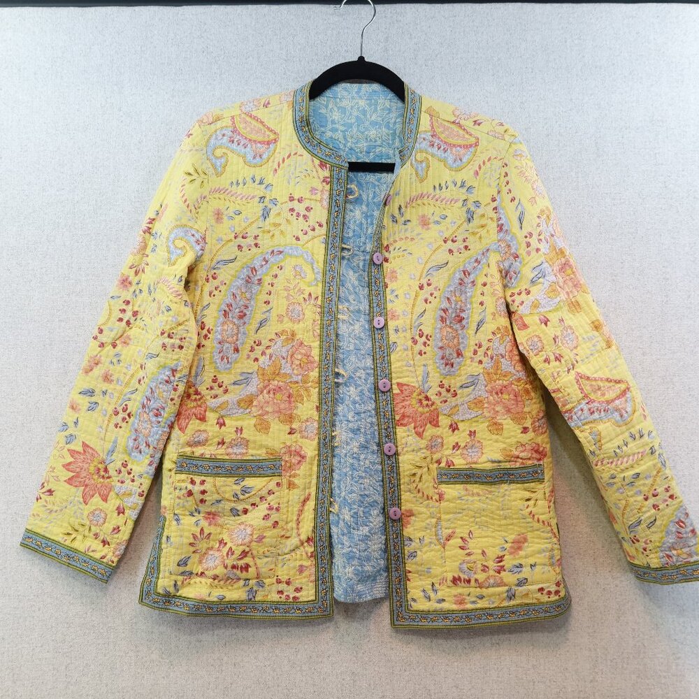 PROVENCE d'amour Yellow Blue Quilted Floral Reversible Jacket, Sz Small